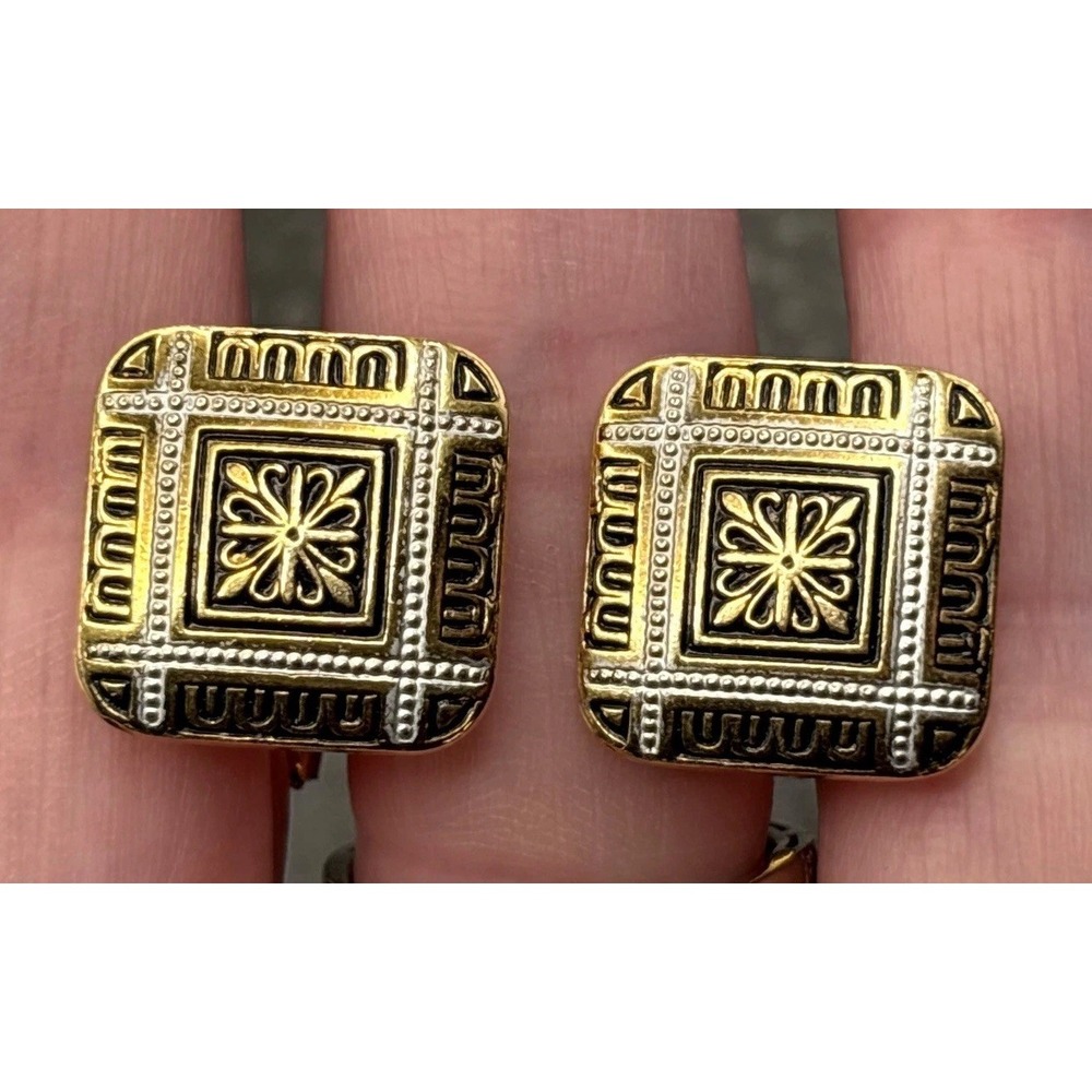 Vintage Damascene Ornate Square Cufflinks Black Enamel Gold Tone